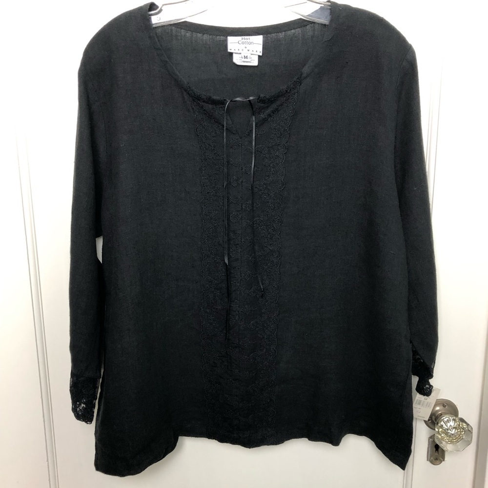 Hot Cotton 100% Linen Black Popover Blouse NWT
